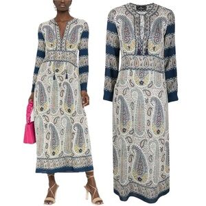 ETRO Mosaic Paisley White and Navy Print Tassel Long Sleeve Maxi Boho Dress